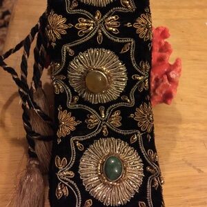Embroidered Black and Gold Women's Belt with Gemstones